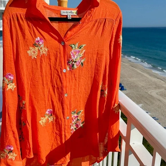 Figueroae & Flower a beautiful color Orange Floral embroidery Button Down Shirt - Picture 1 of 9